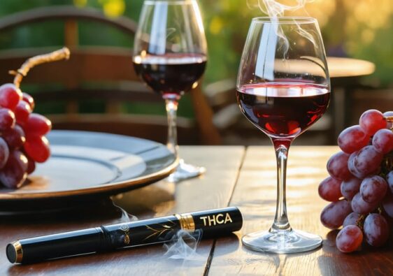 A refined setting with a glass of red wine and a THCA vape pen on a beautifully decorated table, symbolizing the modern pairing of wine and vaping.