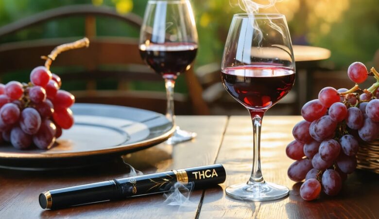 A refined setting with a glass of red wine and a THCA vape pen on a beautifully decorated table, symbolizing the modern pairing of wine and vaping.