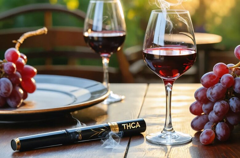 A refined setting with a glass of red wine and a THCA vape pen on a beautifully decorated table, symbolizing the modern pairing of wine and vaping.